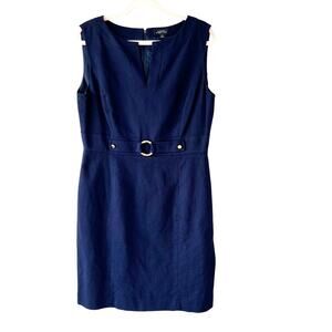 Tahari Womens Sleeveless Sheath Dress Navy Blue Gold Hardware Size 12 Academia